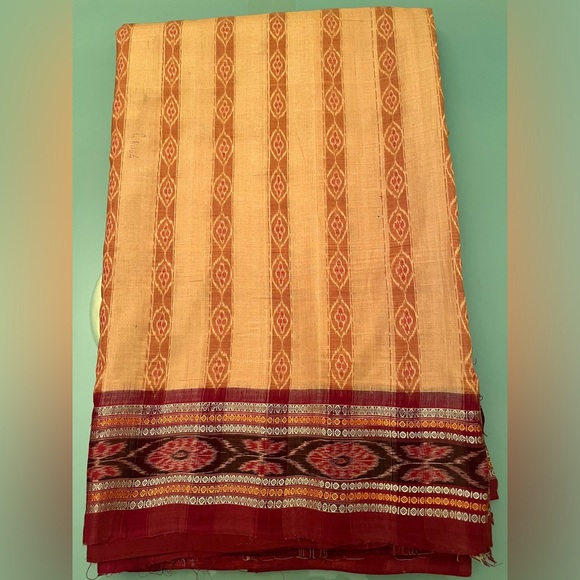 Fabindia style Ikat handwoven 100% cotton stunning saree salmon 🍣 & burgundy NEW - Picture 9 of 15